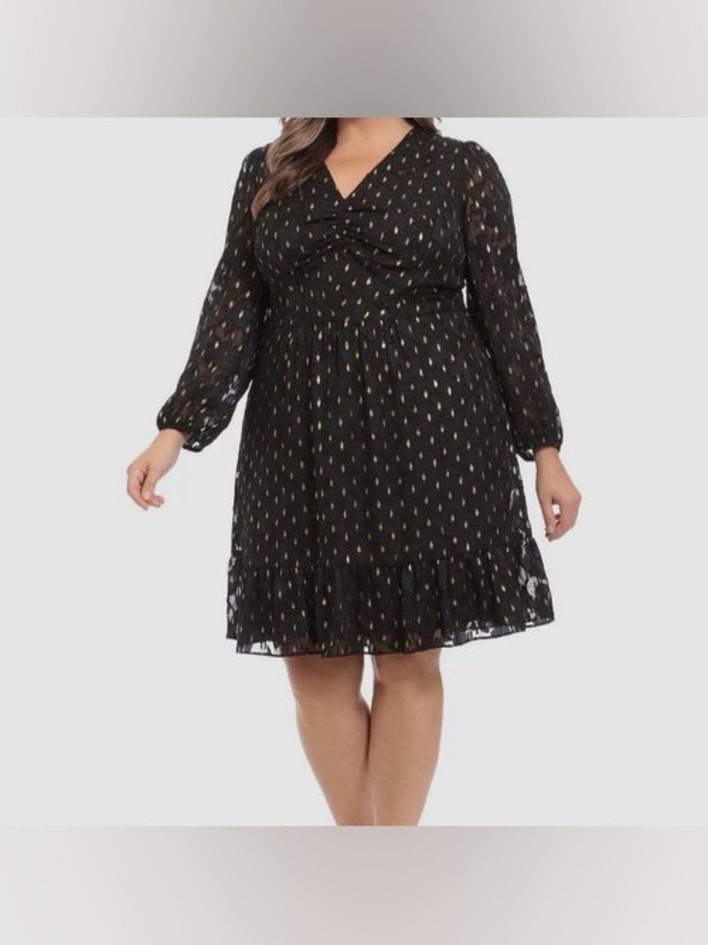 Plus Size Black Gold Shimmery V-Neck Long Sleeve Ruffle Hem Dress